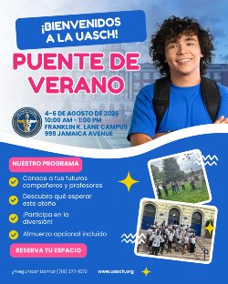 Folleto de Summer Bridge 2026 con fotos de los estudiantes y del edificio de nuestra escuela.
